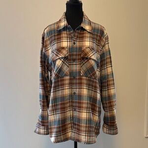 TNA Women's Plaid Button-Down Shirt - Blue, Brown & Cream